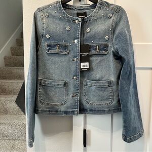 NWT Express Pearl-Embellished Light Blue Denim Collarless Jacket size S